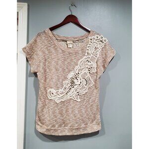 Daytrip Women's Crochet Lace Tan Cream Embellished Short Sleeve Top Gold Sz L
